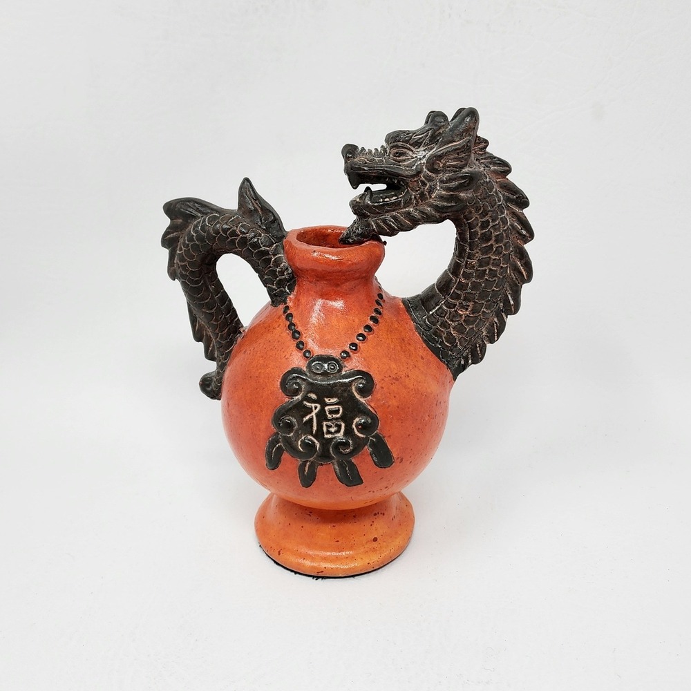 Vtg Pier 1 Orange Terracotta Dragon Vase Chinese Fu - Blessing Symbol 8" Tall